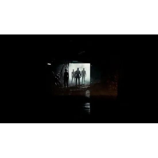 An astronaut in a high-tech suit standing in a dark, metallic corridor with a flickering emergency light