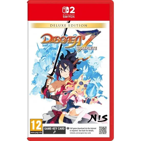 The box art for Disgaea 7 Complete - Deluxe Edition on Nintendo Switch 2, showing the protagonist Fuji and the demon Pirilika with their swords.
