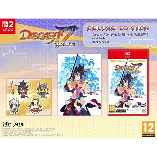 The box art for Disgaea 7 Complete - Deluxe Edition on Nintendo Switch 2, showing the protagonist Fuji and the demon Pirilika with their swords.