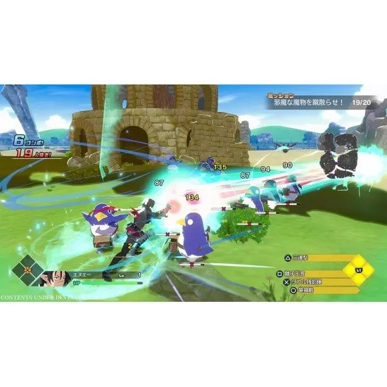A mercenary character battling iconic Disgaea demons with explosive magic effects in an action-oriented combat scene