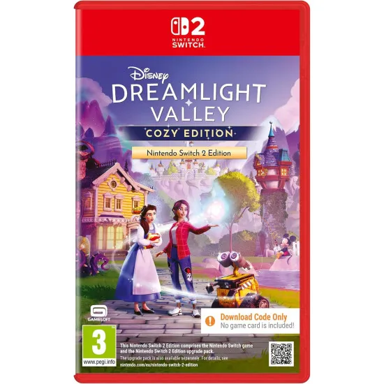 Nintendo Switch 2 game case and physical items for Disney Dreamlight Valley Cozy Edition showing Disney characters and poster