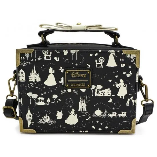 Disney Princess Crossbody Bag by Loungefly showing an all-over print of Cinderella, Snow White, Belle, and Sleeping Beauty with a faux leather bow