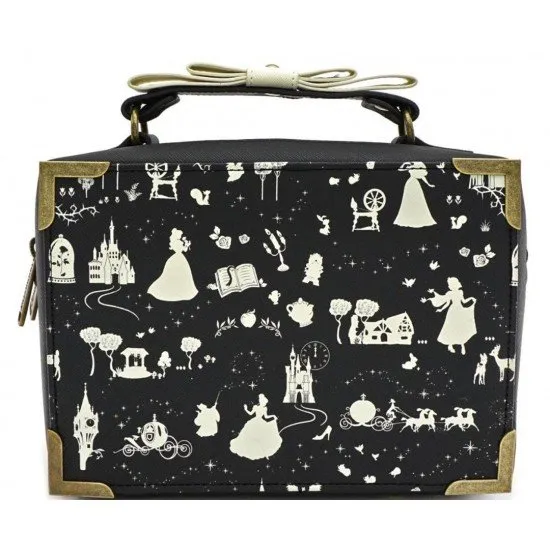 Disney Princess Crossbody Bag by Loungefly showing an all-over print of Cinderella, Snow White, Belle, and Sleeping Beauty with a faux leather bow