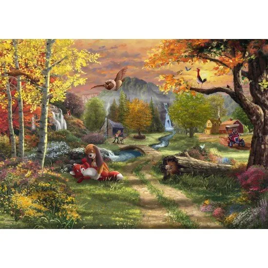 Thomas Kinkade Disney The Fox and the Hound 1000 piece jigsaw puzzle box featuring Tod and Copper in a valley meadow