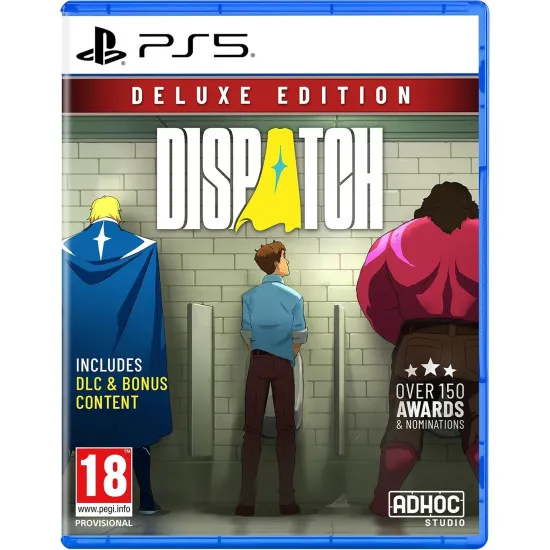 PlayStation 5 game case for Dispatch Deluxe Edition featuring Mecha Man and the dispatch team
