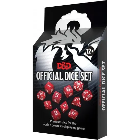 D&D Official Dice Set Wizards of the Coast Polyhedral Dice Dungeons & Dragons Official Dice Set box art showing a full set of 11 polyhedral dice