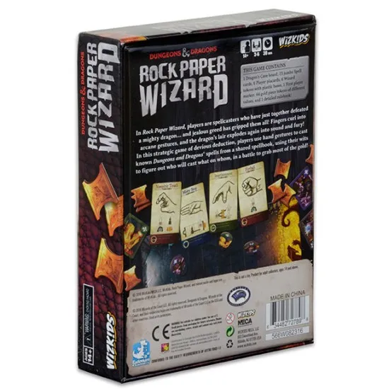 D&D Rock Paper Wizard board game box featuring wizard characters casting spells over a dragon hoard of treasure