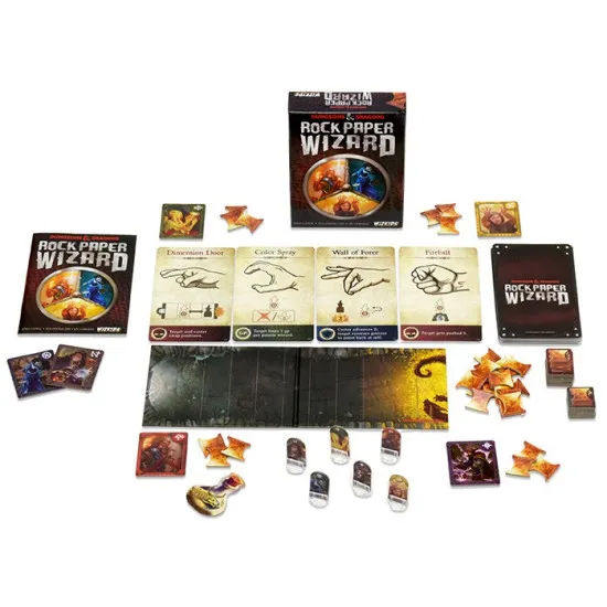 D&D Rock Paper Wizard board game box featuring wizard characters casting spells over a dragon hoard of treasure