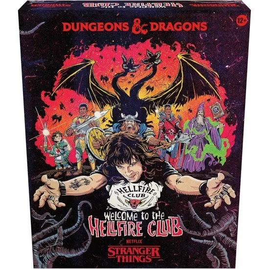 Dungeons & Dragons Stranger Things Hellfire Club Set Wizards of the Coast Dungeons & Dragons Stranger Things Welcome to the Hellfire Club box art featuring Eddie Munson's character design and the Hellfire Club logo