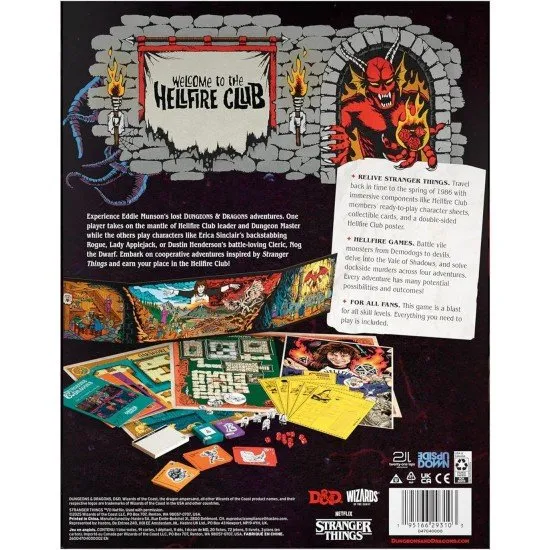 Dungeons & Dragons Stranger Things Hellfire Club Set Wizards of the Coast Dungeons & Dragons Stranger Things Welcome to the Hellfire Club box art featuring Eddie Munson's character design and the Hellfire Club logo