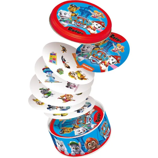Dobble PAW Patrol card game tin featuring Chase Marshall Skye and favourite PAW Patrol pup characters