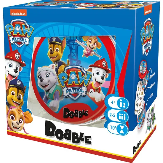 Dobble PAW Patrol card game tin featuring Chase Marshall Skye and favourite PAW Patrol pup characters
