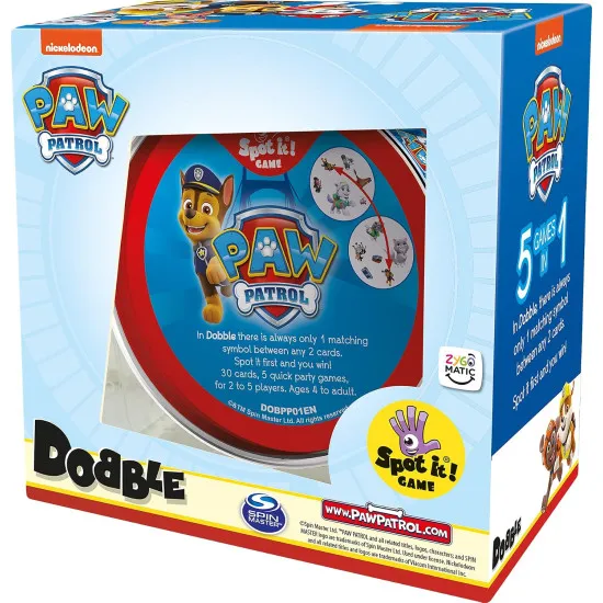 Dobble PAW Patrol card game tin featuring Chase Marshall Skye and favourite PAW Patrol pup characters