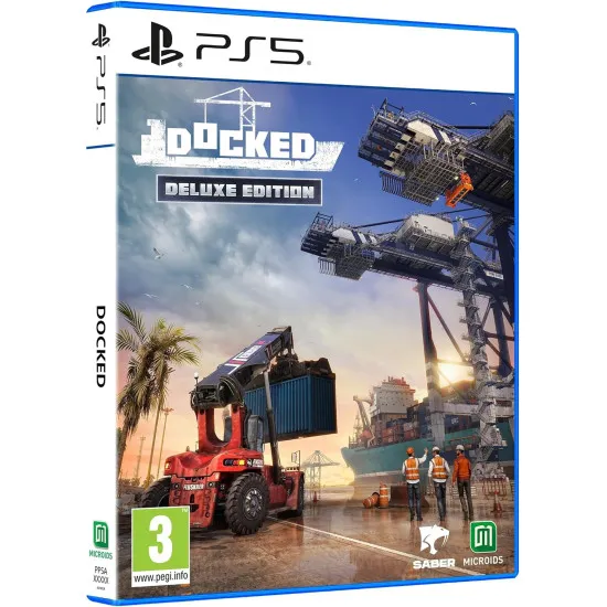 PlayStation 5 game case for Docked Deluxe Edition showing heavy cranes unloading cargo ships at a hurricane damaged port