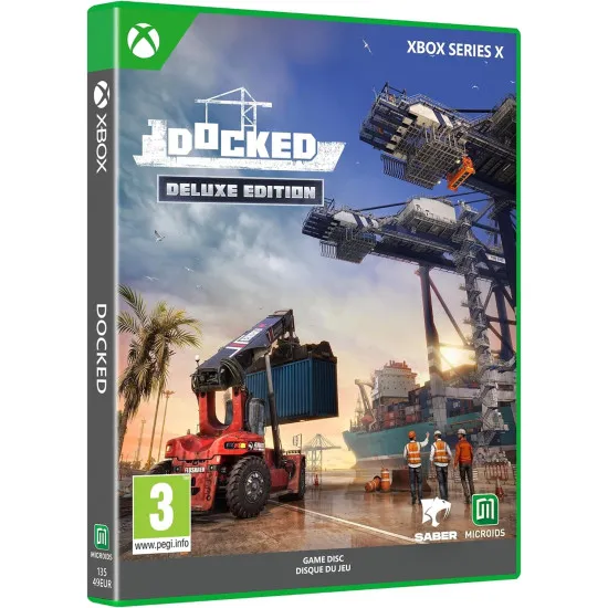 Xbox Series X game case for Docked Deluxe Edition displaying shipping containers, forklifts, and harbour cranes