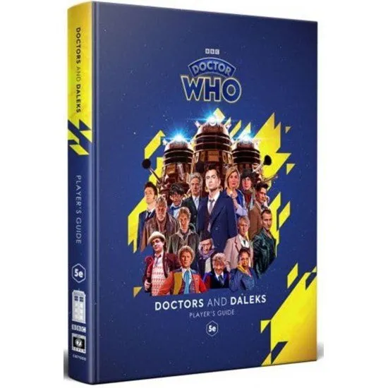 Doctor Who RPG Doctors and Daleks Player Guide Cubicle 7 Doctor Who RPG Doctors and Daleks Player Guide book cover showing the TARDIS and silhouettes of a Doctor and a Companion facing Daleks
