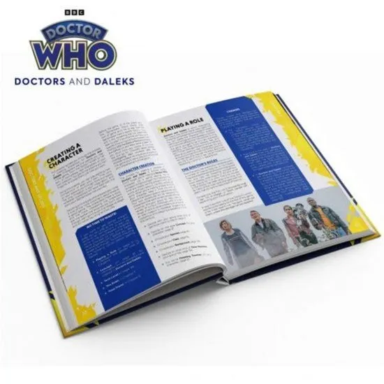 Doctor Who RPG Doctors and Daleks Player Guide Cubicle 7 Doctor Who RPG Doctors and Daleks Player Guide book cover showing the TARDIS and silhouettes of a Doctor and a Companion facing Daleks