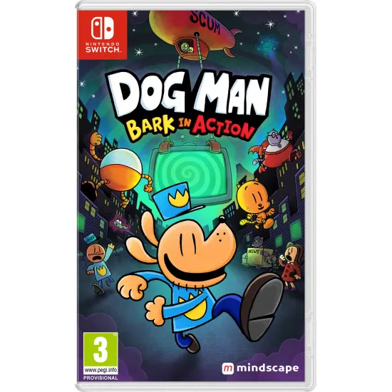 A Nintendo Switch game case featuring Dog Man, Cat Kid, and their friends soaring through the sky on a robotic gadget above a bright comic style town