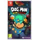 A Nintendo Switch game case featuring Dog Man, Cat Kid, and their friends soaring through the sky on a robotic gadget above a bright comic style town
