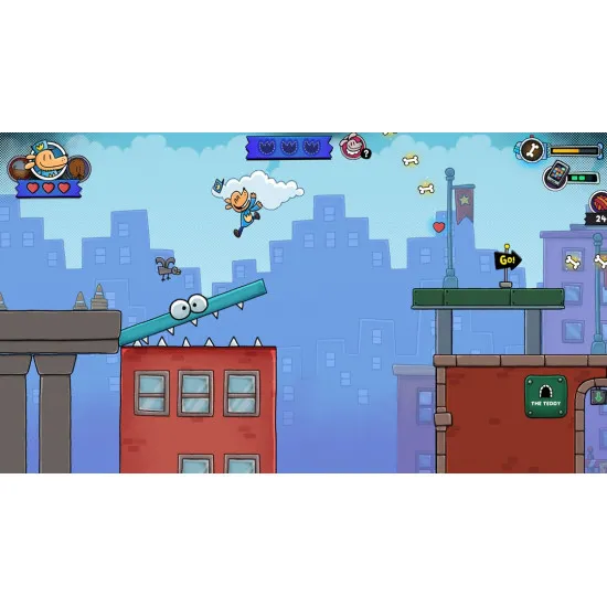 A PlayStation 5 game case showing the comic book hero Dog Man leaping forward with a goofy grin alongside Li'l Petey and the robot 80HD inside a colourful city