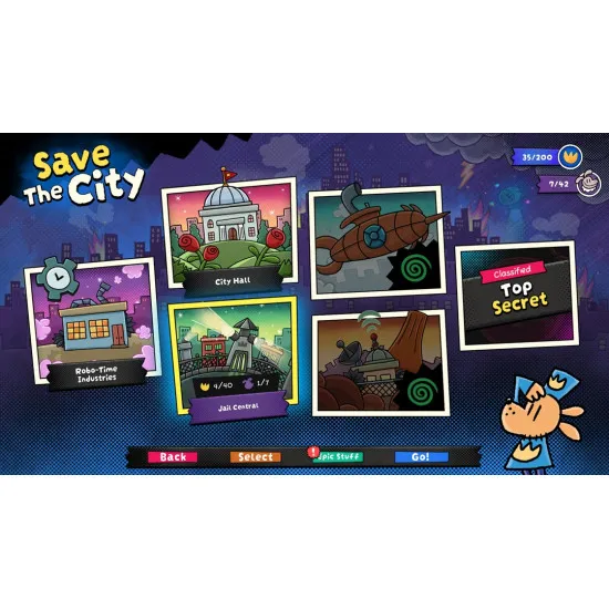 A PlayStation 5 game case showing the comic book hero Dog Man leaping forward with a goofy grin alongside Li'l Petey and the robot 80HD inside a colourful city