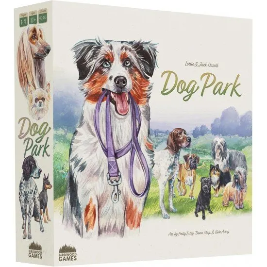 Dog Park board game box art showing various dog breeds being walked in a scenic park setting