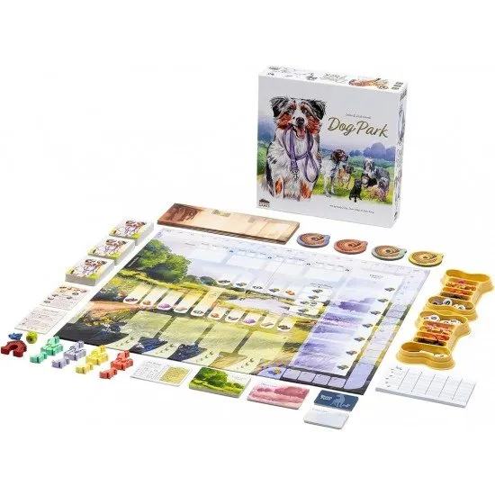 Dog Park board game box art showing various dog breeds being walked in a scenic park setting
