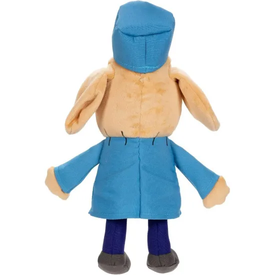 Dog Man Feature Plush with ears flipped up and hat fallen off mid-squeeze showing interactive mechanical feature sequence