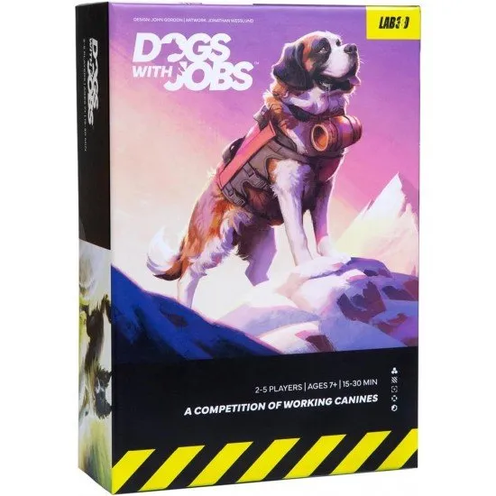 Colourful cards featuring various dog breeds in professional work outfits like firefighters and detectives