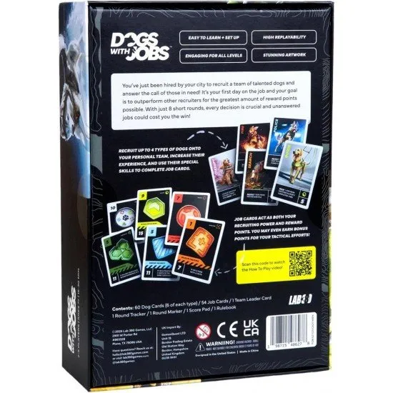 Colourful cards featuring various dog breeds in professional work outfits like firefighters and detectives