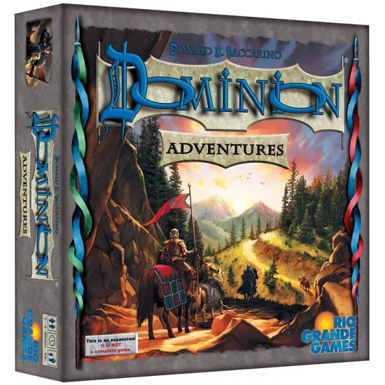 Dominion Adventures expansion box featuring adventure-themed kingdom artwork with jungle swamp and treasure trove illustrations