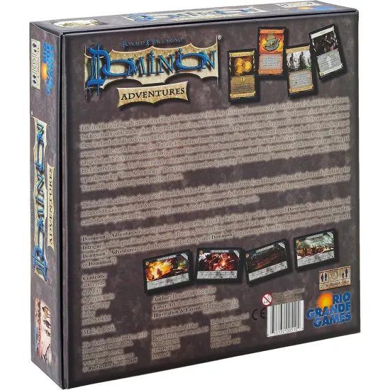 Dominion Adventures expansion box featuring adventure-themed kingdom artwork with jungle swamp and treasure trove illustrations