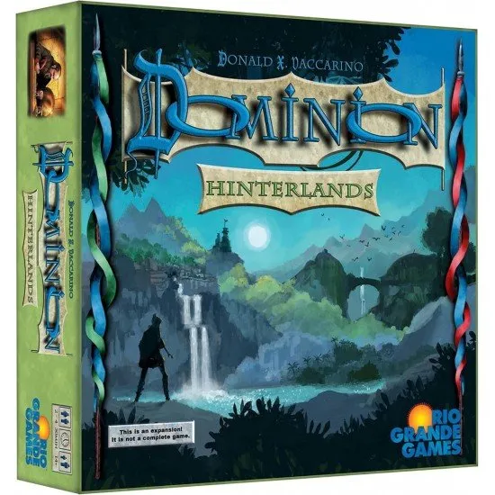 Box art for Dominion Hinterlands 2nd Edition showing a scenic trade route landscape