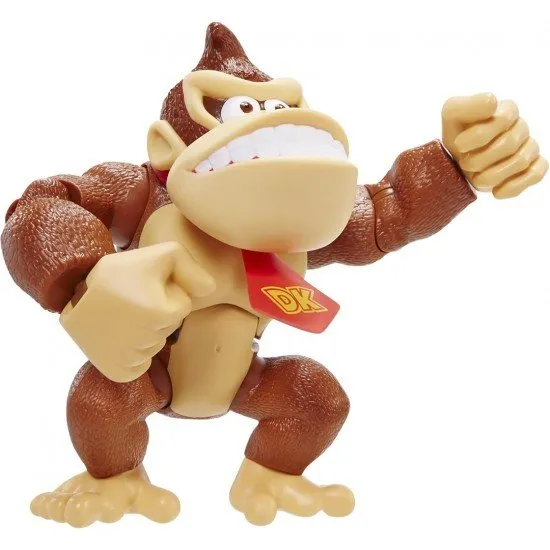 A highly detailed plastic action figure of Donkey Kong smiling and flexing his muscles inside a red and white Nintendo-themed window box packaging