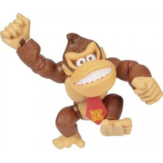 A highly detailed plastic action figure of Donkey Kong smiling and flexing his muscles inside a red and white Nintendo-themed window box packaging
