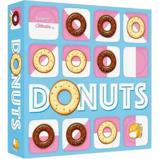 Donuts board game box art showing colorful donut pieces used in a five-in-a-row tactical game