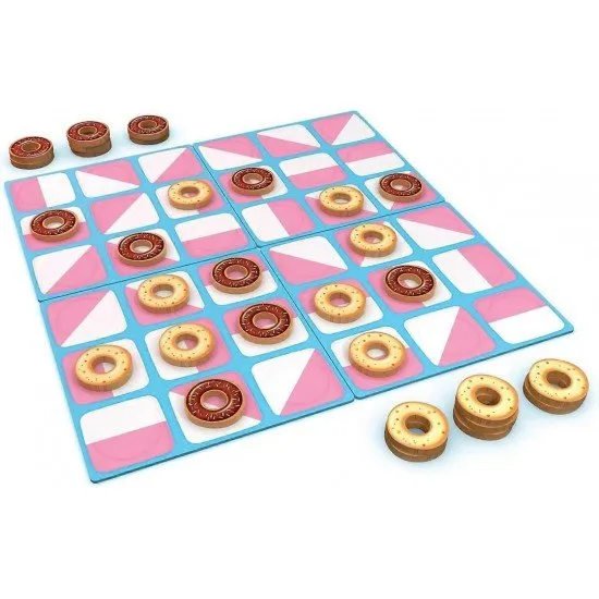 Donuts board game box art showing colorful donut pieces used in a five-in-a-row tactical game