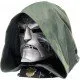 Full-head silver Doctor Doom mask with green fabric hood on a character-themed display stand