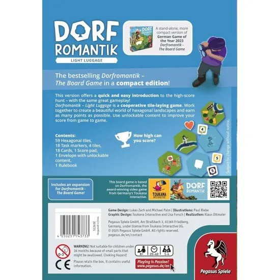 Dorfromantik Light Luggage compact edition board game box showing hexagonal landscape tiles, meeples, and score tracking elements