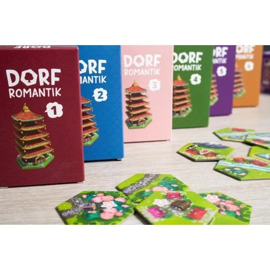 Dorfromantik Sakura Tile-Laying Game Pegasus Spiele Dorfromantik Sakura board game box art showing beautiful, harmonious tile-laid landscapes of rural Japan with cherry blossom (Sakura) trees