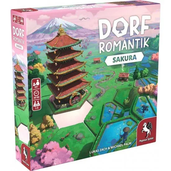 Dorfromantik Sakura Tile-Laying Game Pegasus Spiele Dorfromantik Sakura board game box art showing beautiful, harmonious tile-laid landscapes of rural Japan with cherry blossom (Sakura) trees