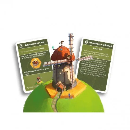 Dorfromantik The Board Game Great Mill mini expansion packaging featuring mill standee and grain task cards