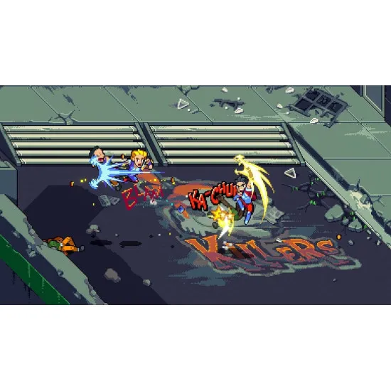 A Nintendo Switch retail box displaying retro style pixel art of Billy and Jimmy Lee alongside Marian and Uncle Matin striking combat poses against a neon city backdrop