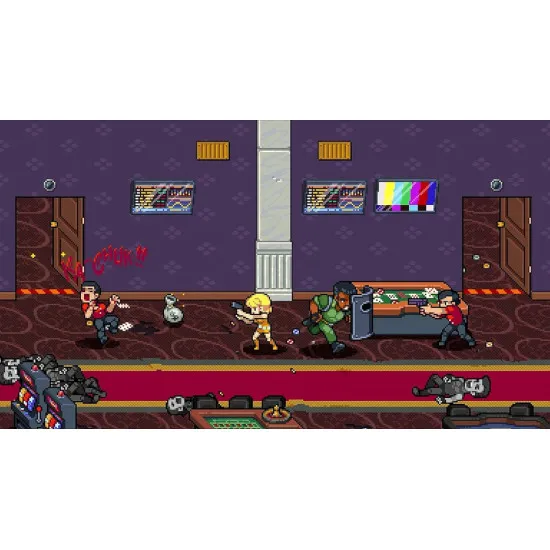 A Nintendo Switch retail box displaying retro style pixel art of Billy and Jimmy Lee alongside Marian and Uncle Matin striking combat poses against a neon city backdrop