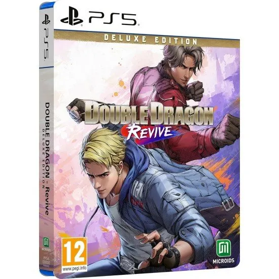 The box art for Double Dragon Revive Deluxe Edition on PS5, showing Billy and Jimmy Lee in a fighting stance in a post-apocalyptic setting.
