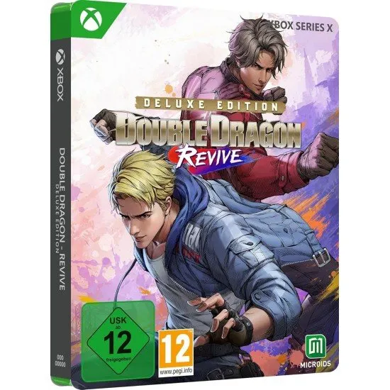 The box art for Double Dragon Revive Deluxe Edition on Xbox Series X, showing Billy and Jimmy Lee in a fighting stance in a post-apocalyptic setting.