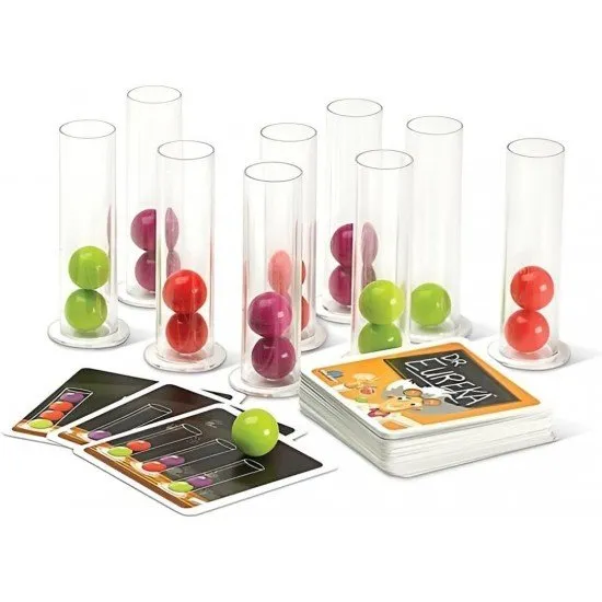 A collection of bright plastic test tubes filled with colourful balls arranged next to a deck of scientific formula cards on a white table