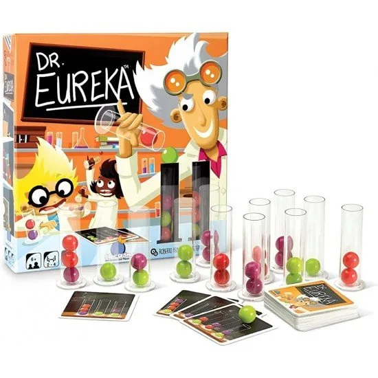 A collection of bright plastic test tubes filled with colourful balls arranged next to a deck of scientific formula cards on a white table
