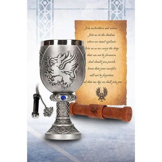Dragon Age Grey Warden Joining Bundle flat lay showing Joining Chalice, Ceremony Scroll, Warden's Scroll Case and Warden's Oath Necklace