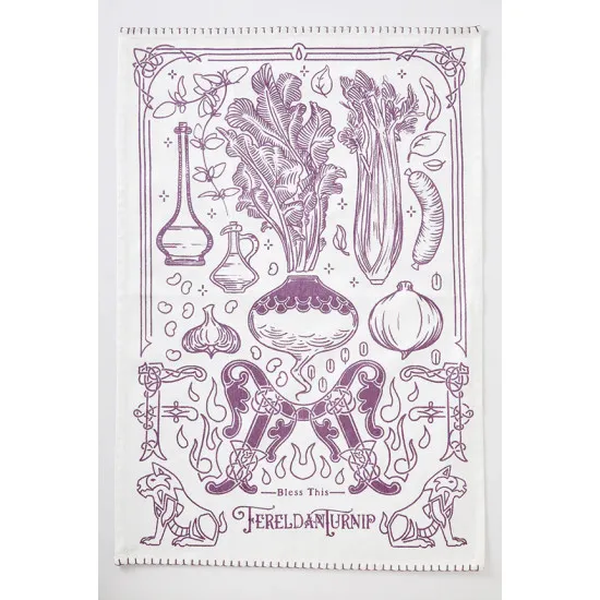 Dragon Age Kitchen Towels 3-Pack officially licensed flat lay showing three illustrated towels in gold purple and red Dragon Age artwork